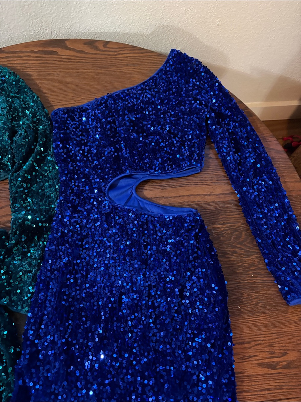 Two Woman’s Sequin One-Shoulder Cutout Dress - Teal and Royal Blue - Picture 8 of 11